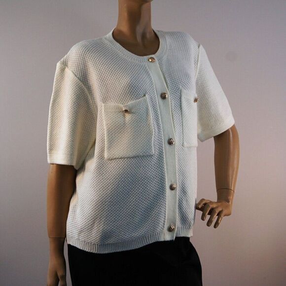 Pretty Garden Ivory Cardigan Sz XL Short Sleeve Golden Buttons New No Tags - Picture 7 of 12